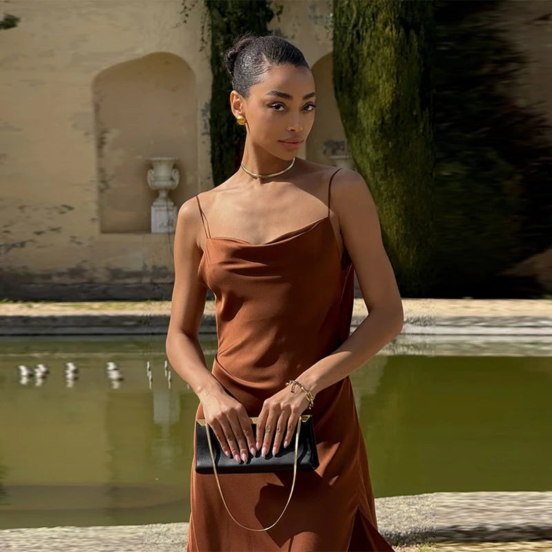 Elegant Split Women' s Dresses Solid Square Collar Backless Sleeveless Long Dress Female 2025 Summer Party Evening Robes