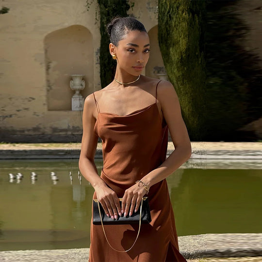 Elegant Split Women' s Dresses Solid Square Collar Backless Sleeveless Long Dress Female 2025 Summer Party Evening Robes