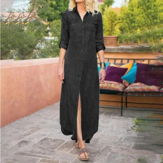 Summer Women's L-5XL Plus Size Loose Solid Color Casual Denim Long Dress Fashionable Flip Collar Button Long Sleeve Pocket Denim