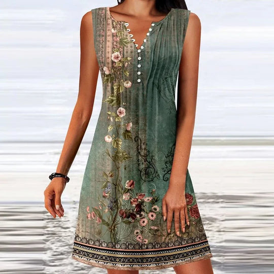 Summer Dress Women Sleeveless Button Dot Print Loose Dress Boho V Neck Casual Beach Holiday Dresses For Women