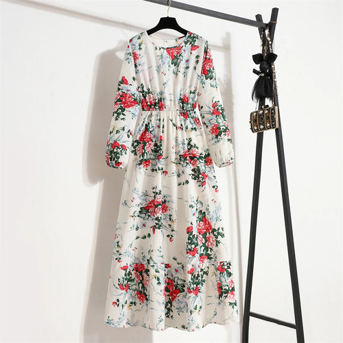 Spring Summer Women Maxi Dresses Casual Full Sleeve Floral Printed
