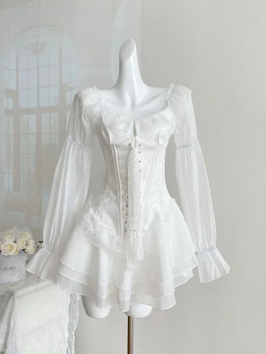 White French Elegant Evening Party Dress Women Casual Sexy Lace Puffed