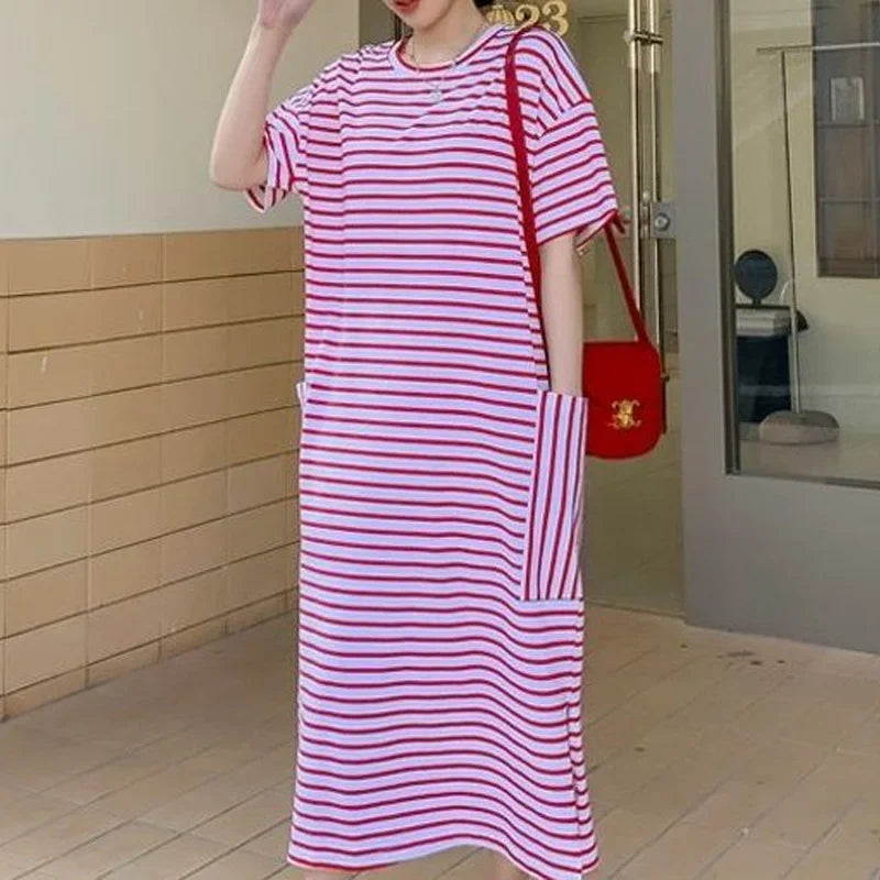 Summer New Round Neck Short Sleeve Loose Casual Tshirt Dress Women High Street Striped Patchwork Pocket All-match Maxi Dresses