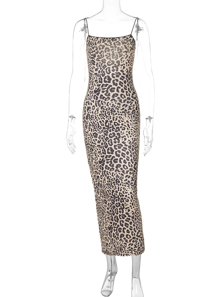 Hugcitar 2024 Fashion Leopard Print Slips Backless Sexy Bodycon Maxi