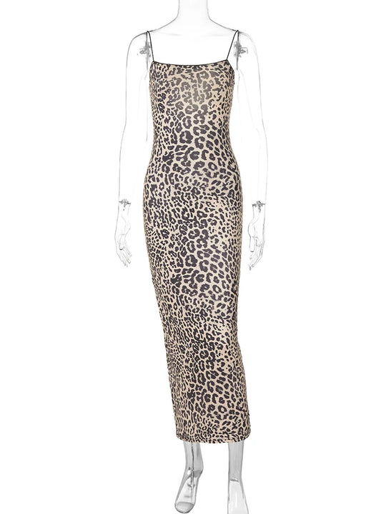 Hugcitar 2024 Fashion Leopard Print Slips Backless Sexy Bodycon Maxi