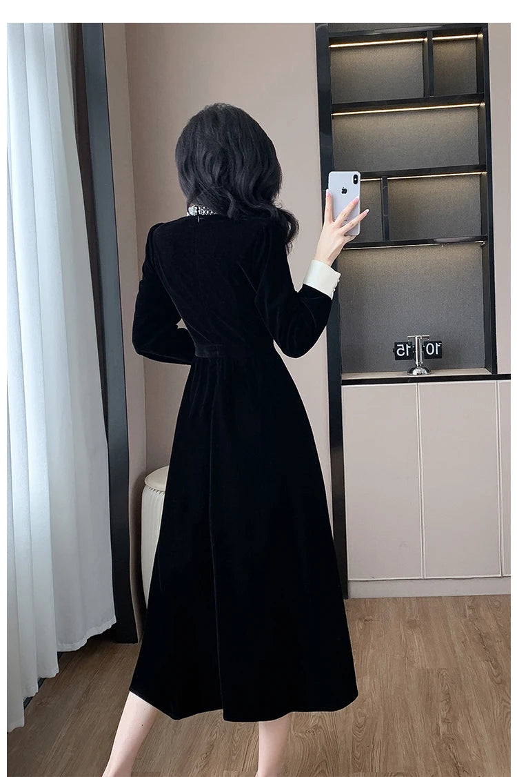 High Quality Fall Winter French Hepburn Velvet Evening Midi Dress