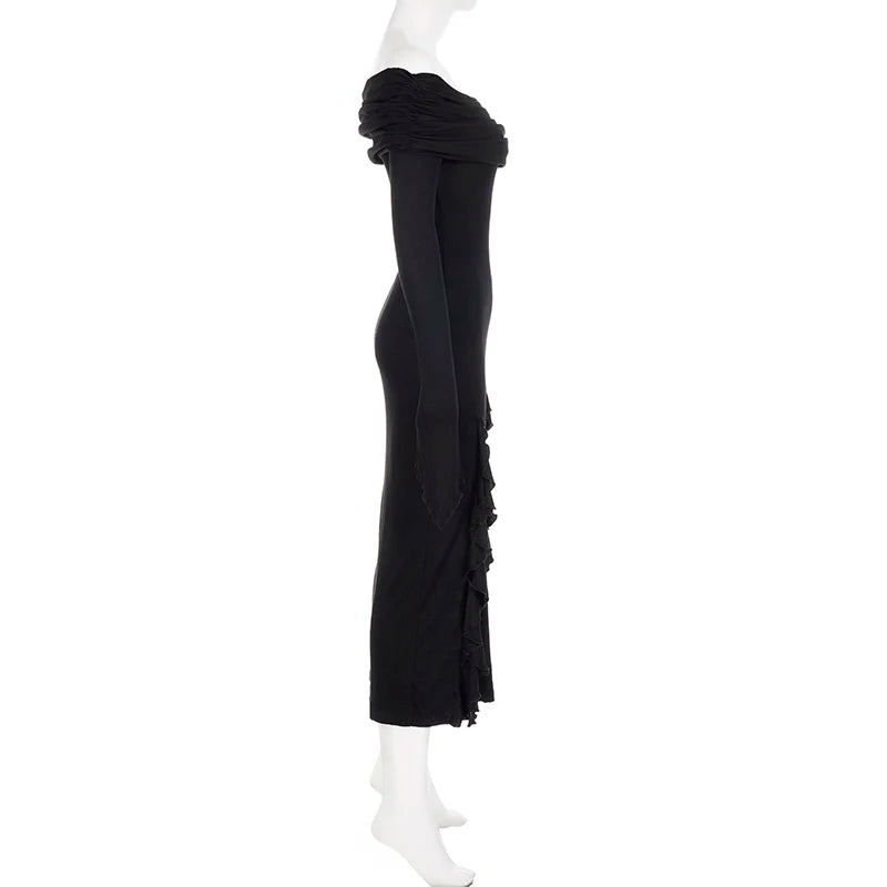 SUCHCUTE Elegant Off Shoulder Ruffles Split Long Dress Black Fashion