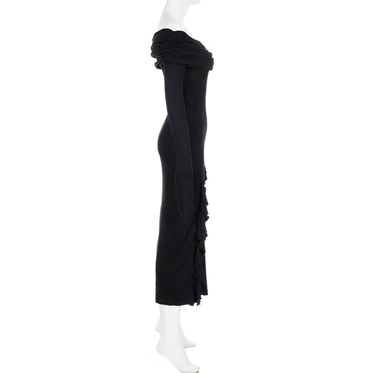 SUCHCUTE Elegant Off Shoulder Ruffles Split Long Dress Black Fashion