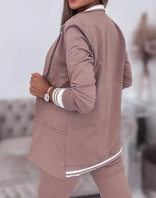 Women's Spring Double Breasted Blazer Office Pantsuit Striped Notched