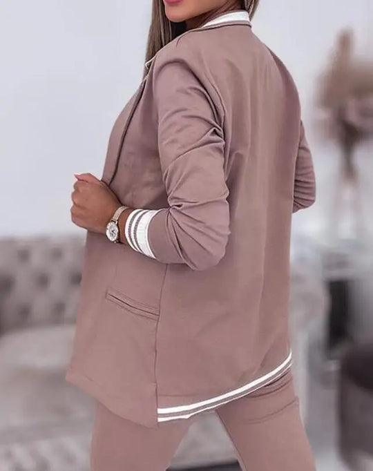 Women's Spring Double Breasted Blazer Office Pantsuit Striped Notched