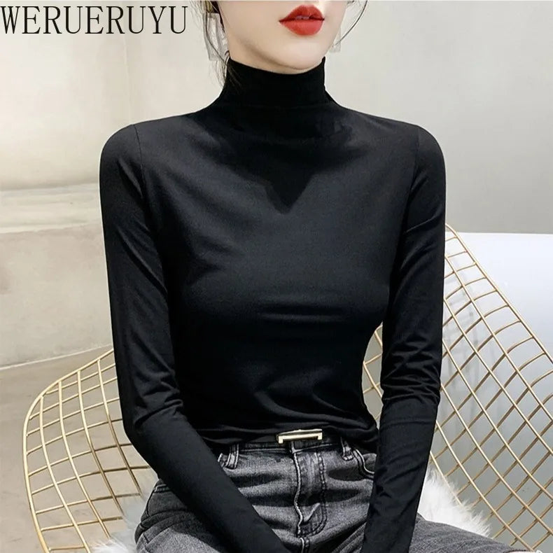Black Turtleneck T-shirt Long Sleeve Tops Women Y2k Clothes Autumn