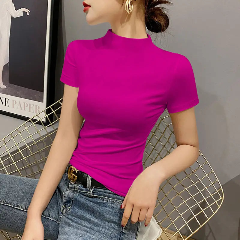 Luxury New Korean Style Women's Clothes High Neck Stretch Short