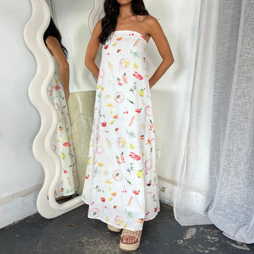 Beach Holiday Strapless Maxi Tube Dress Vintage Fruit Print Backless