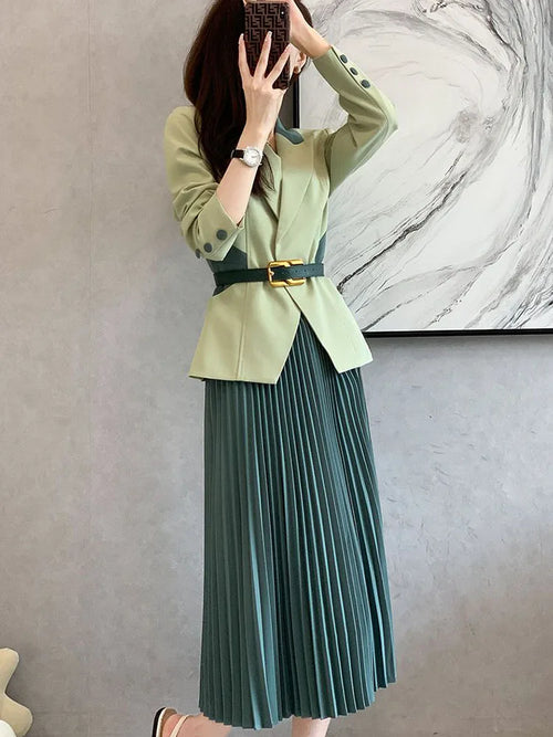 Women Formal 2 Pieces Sets Korean Office Long Sleeve Blazer Coats Tops