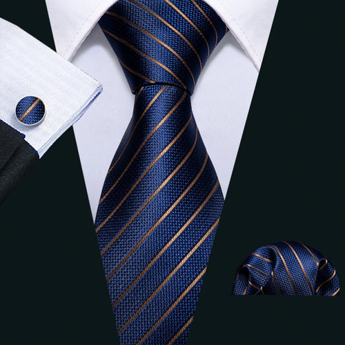 Men Tie Gold Navy Blue Striped Silk Tie 3.4" Jacquard Party