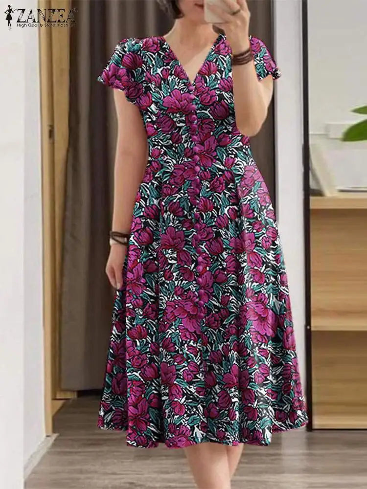 ZANZEA Elegant Women Floral Print Midi Dress Summer 2025 Casual