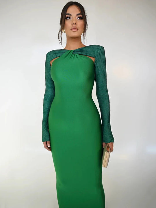 Mozision Hollow Out Sparkle Long Sleeve Maxi Dress For Women Glitter