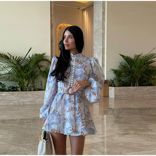 Elegant Women's Printed Dress Long Sleeve O-Neck Button Lady Dresses With Belt Summer Fashion Female Party Short Dress