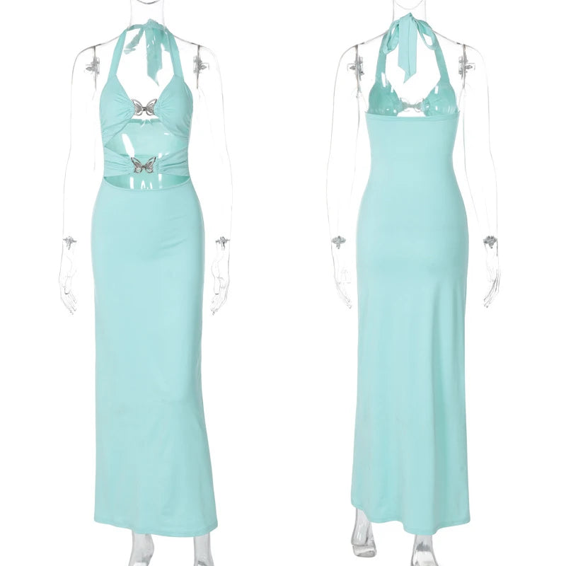 Sexy Hollow Out Maxi Dress for Women 2024 Summer Fashion Bow Halter