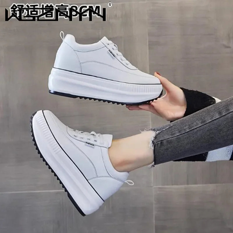 2024 Designer Platform Wedge Female Women 8CM Heels Sneakers Chunky Spring Autumn Shoes Women Genuine Leather Casual Black Shoes
