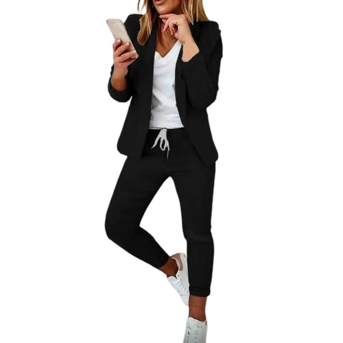 Stylish Suit Set Solid Color Female Open Stitch Blazer Elastic Waist
