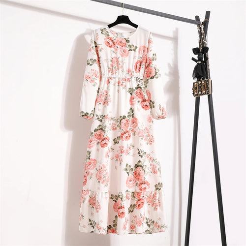 Spring Summer Women Maxi Dresses Casual Full Sleeve Floral Printed