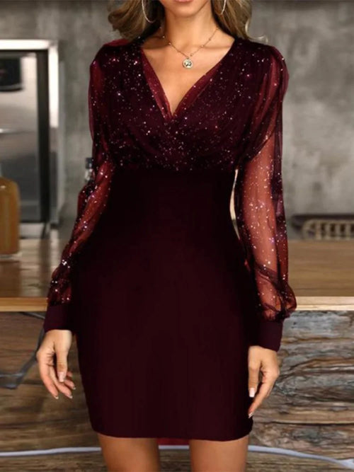 Sexy V-Neck See Through Long Sleeve Dress Women Spring Autumn Party