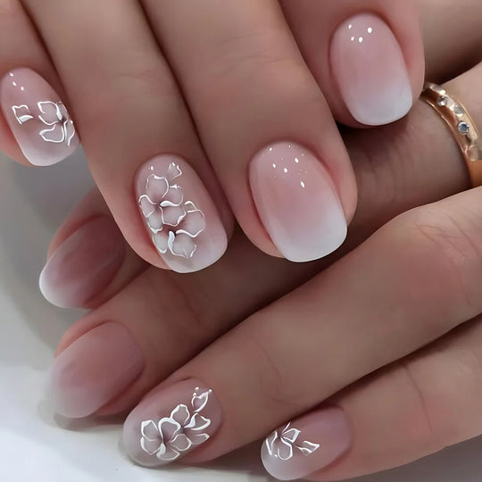 24pcs/set short saure fake nails for Spring summer season french style flowers butterfly design press on false nail art tips