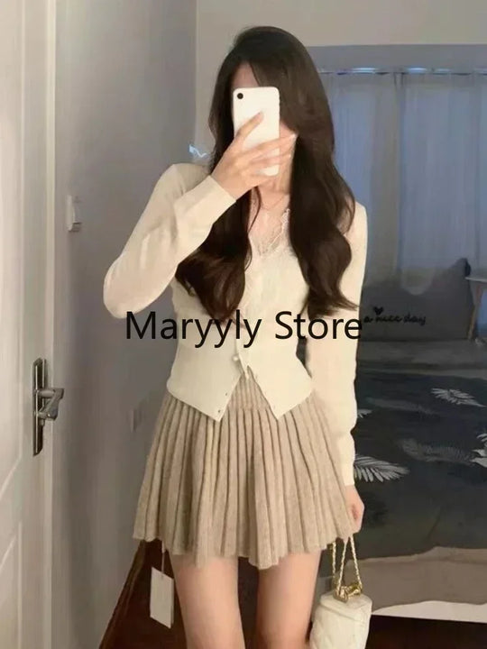 2023 Autumn Women French Long Sleeve Cardigan + High Waist Mini Skirt