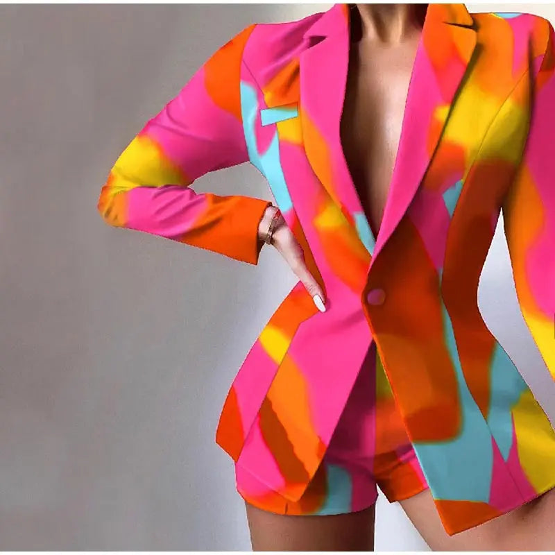 Fashion Turn-down Collar Printed Top Pants Set Women Elegant Full Sleeve Top Short Pants Suit Lady Summer Chic Casual Sets