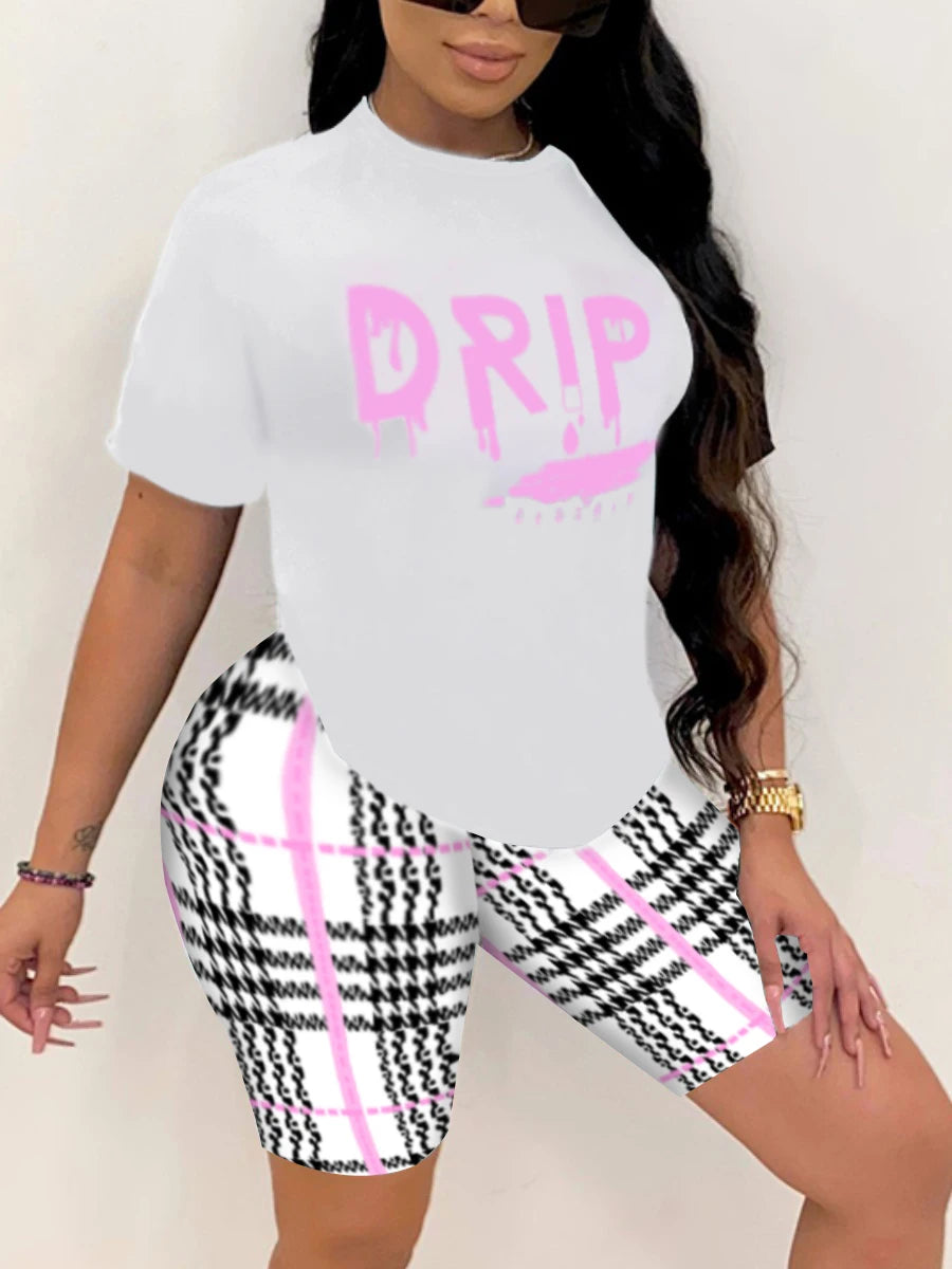 LW Plus Size Drip Letter Plaid Print  for Women Shorts & Short Sleeved Set Summer Fashion Clothes Women Clothing Set Outfit