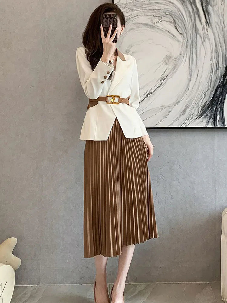 Women Formal 2 Pieces Sets Korean Office Long Sleeve Blazer Coats Tops