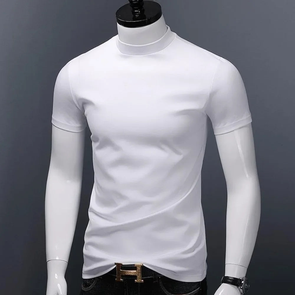 Men's Casual Turtleneck T-Shirts Short Sleeve Solid Slim Fit Silk High