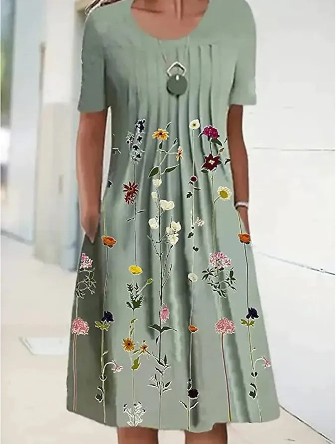 Summer Fashion Boho Floral Print Pocket Midi Dress For Women O Neck Short Sleeve Casual Loose Dress Female Women's Clothing