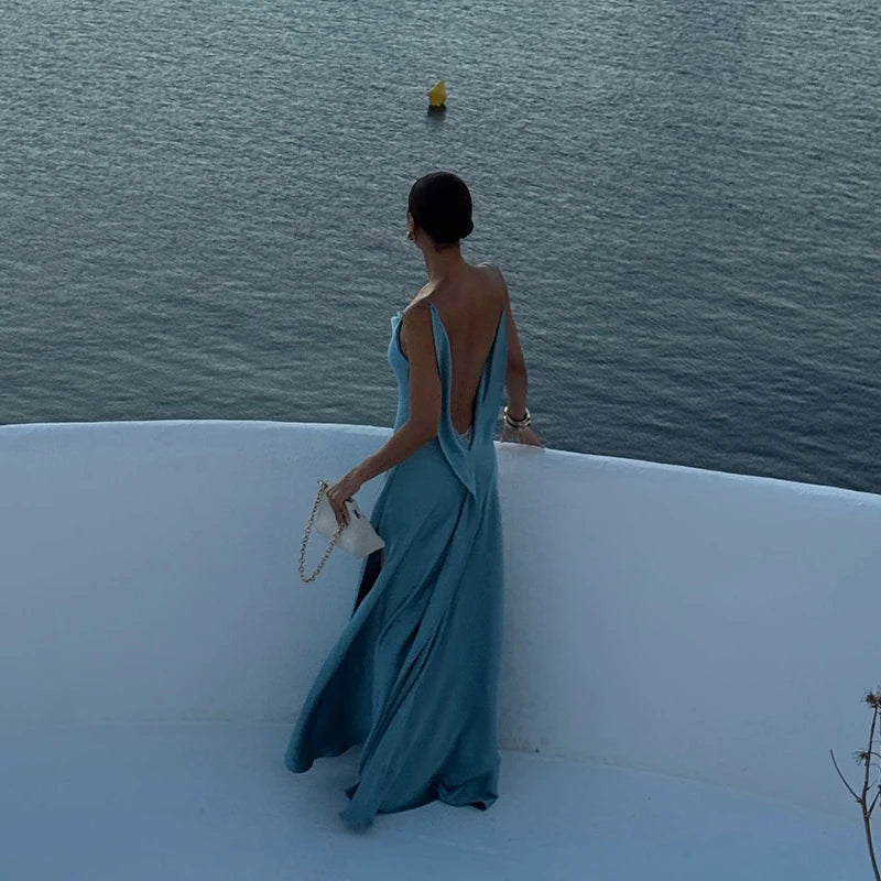 Elegant Split Women' s Dresses Solid Square Collar Backless Sleeveless Long Dress Female 2025 Summer Party Evening Robes