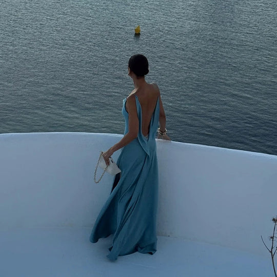 Elegant Split Women' s Dresses Solid Square Collar Backless Sleeveless Long Dress Female 2025 Summer Party Evening Robes
