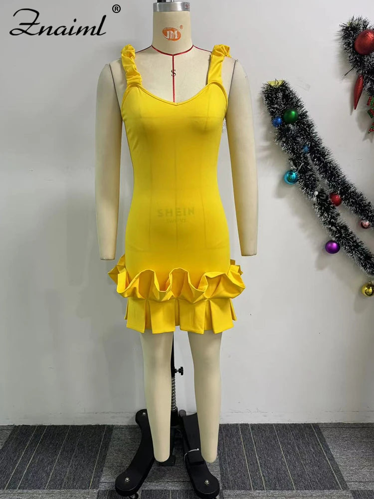 Znaiml Sexy Ruffle Bodycon Spaghetti Strap Sheath Yellow Mini Dresses