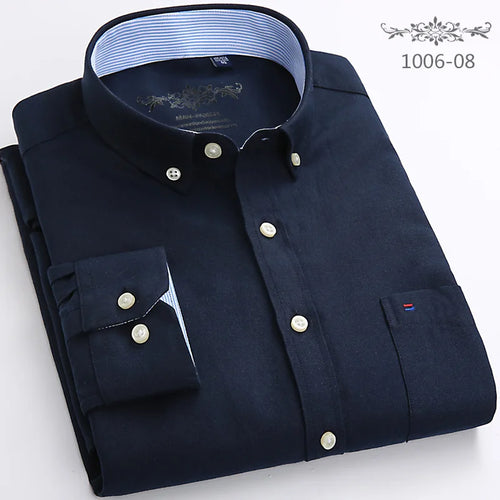 New Men's Long Sleeve Oxford PlaidStriped Casual Shirt Front Patch