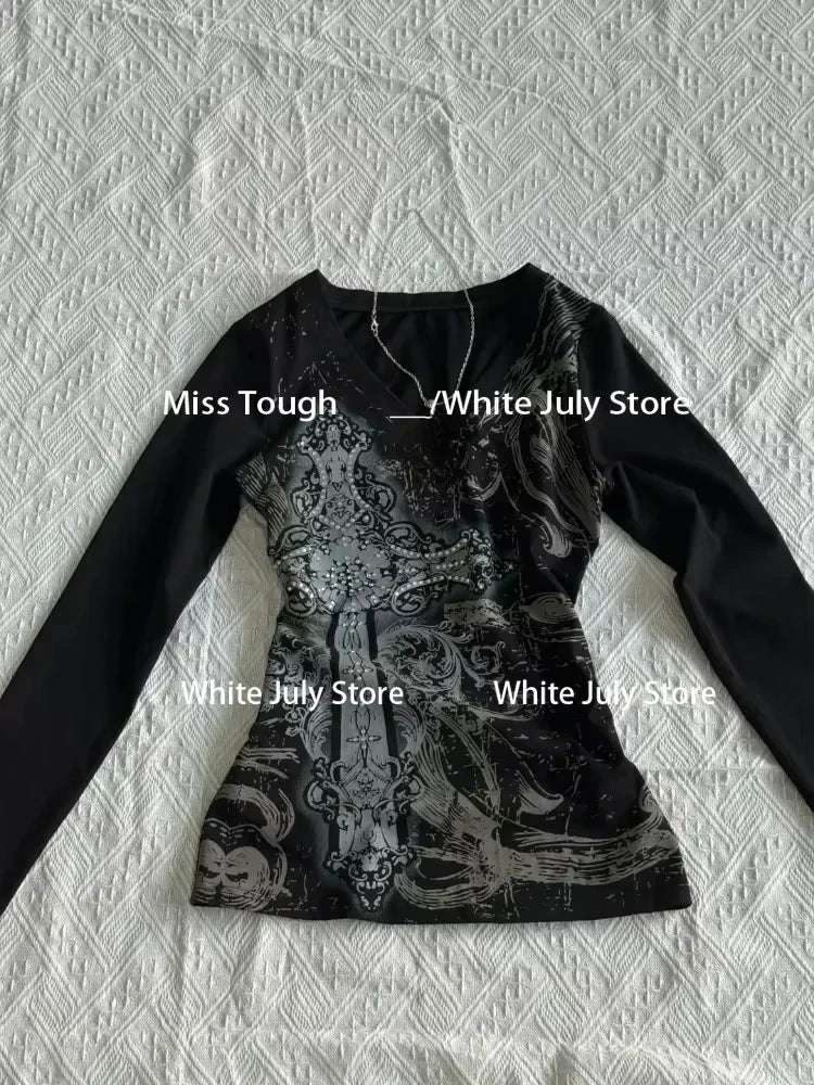 Black Vintage Gothic T-shirts Women Y2k Black Punk Graphic Hoodie