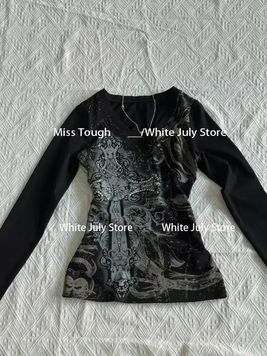 Black Vintage Gothic T-shirts Women Y2k Black Punk Graphic Hoodie