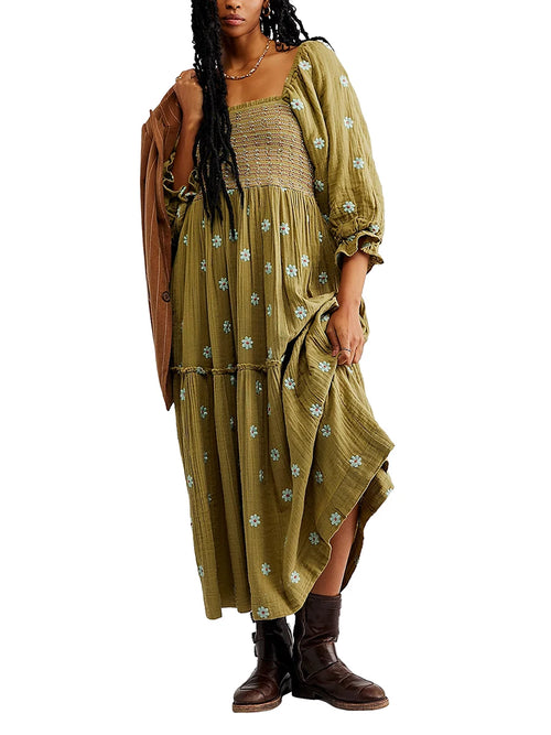 Women's Flower Embroidered Long Dress Bodycon Lantern Sleeve Square