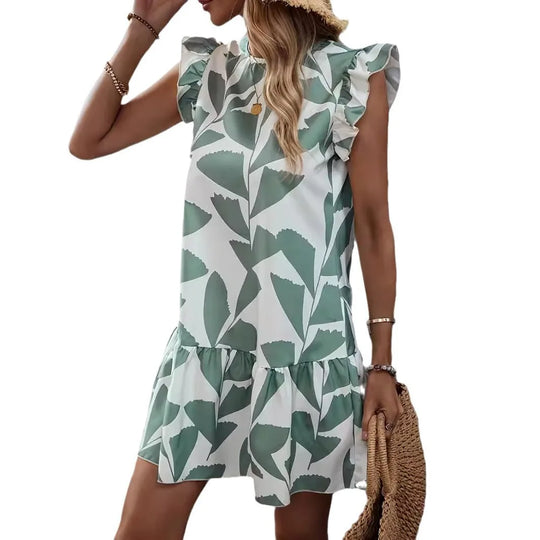 Casual loose ruffled short-sleeved dress summer women's 2024 new round neck floral elegant dress temperament elegant dress