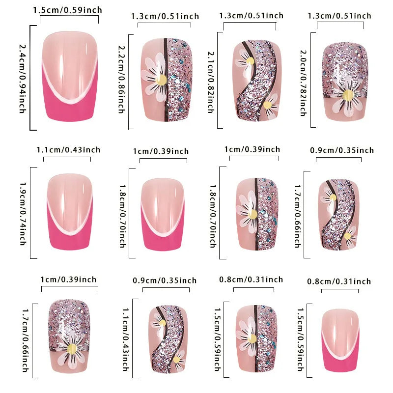 24pcs/set short saure fake nails for Spring summer season french style flowers butterfly design press on false nail art tips