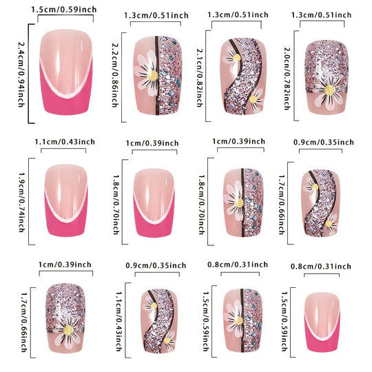 24pcs/set short saure fake nails for Spring summer season french style flowers butterfly design press on false nail art tips