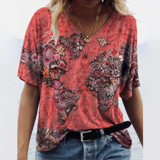 Women's T-shirts Summer Gradient Graphics Tops V Neck Fashion Female