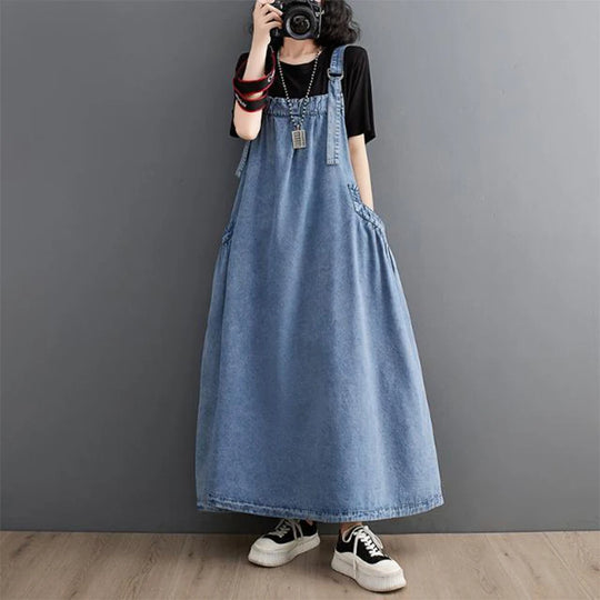 Summer Autumn Loose Casual Fashion Denim Slip Dress Ladies Sleeveless Harajuku Y2K All-match Pocket A-line Robe Women Vestidos