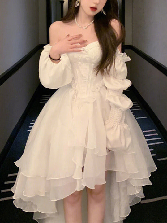 Elegant Ruffles Chic Fairy Dress Women White Sweet Korean Style