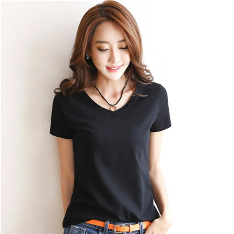 Solid Women Cotton T-shirt V-Neck Short Sleeve Female Tee Slim White