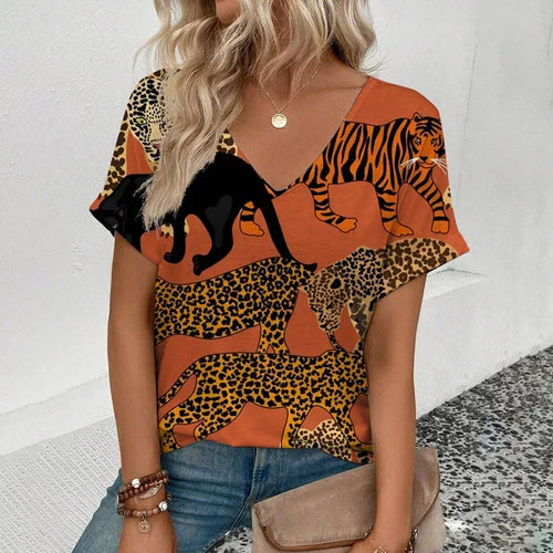 Summer clothing V-neck sexy leopard print T-shirt animal pattern