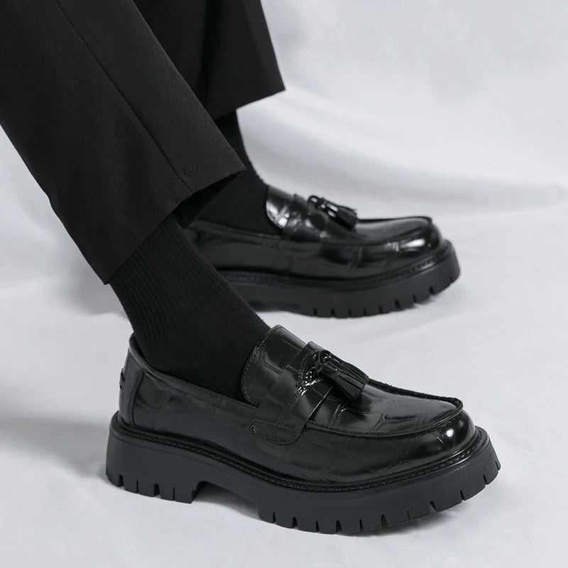 Business Tassel Loafers Shoes Slip on Casual Thick Bottom Leather Black Dress Party Shoes Boat Loafers For Man Fashion Moccasins